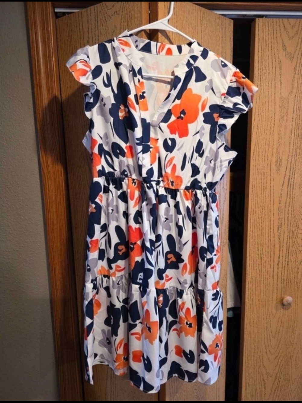Womens' White Floral Tiered Dress with Navy and Orange Print